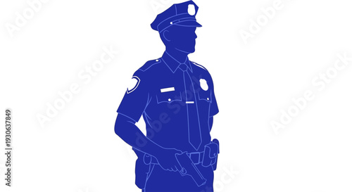 Guardian in Blue: A silhouette of a police officer, standing tall in their uniform, symbolizes authority and safety, a sentinel of the streets.