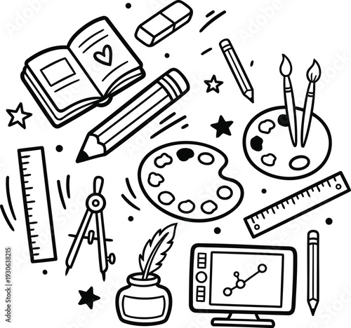Artistic tools collection with paintbrushes, pencils and computer