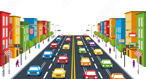 Colorful City Street with Cars.