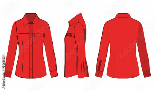 Women’s Red Long Sleeve Uniform Shirt Flat Technical Drawing CAD Vector Template