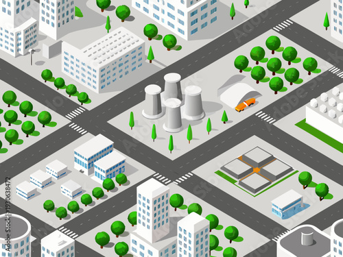 Isometric illustration of a modern city with industrial and residential areas