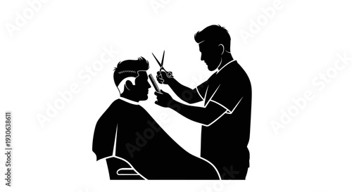 Barber and Client Silhouette: A barber meticulously trims a client's hair with precision scissors, creating a neat and stylish look in a classic barber shop setting.