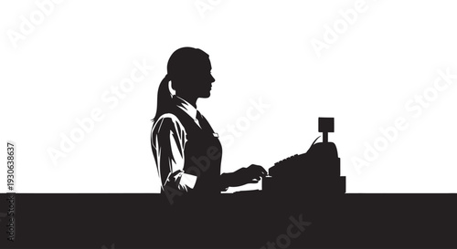 Silhouette of a Cashier at Work: A black and white silhouette captures a cashier at work, the details of the setting and the individual's dedication to service.