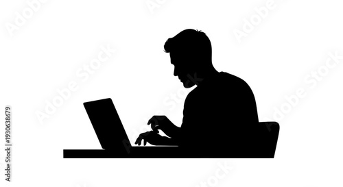 Silhouette Workstation: A lone figure concentrates intently, illuminated by the glow of a laptop screen as they work diligently. Capturing a moment of focused productivity and modern work dynamics.