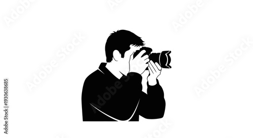 Photographer silhouette: A minimalistic black and white silhouette of a photographer focusing on capturing the moment, against a seamless background.