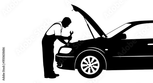 Auto Repair Silhouette: A skilled mechanic, silhouetted against a simple backdrop, meticulously inspects an automobile, illustrating the essence of automotive repair.