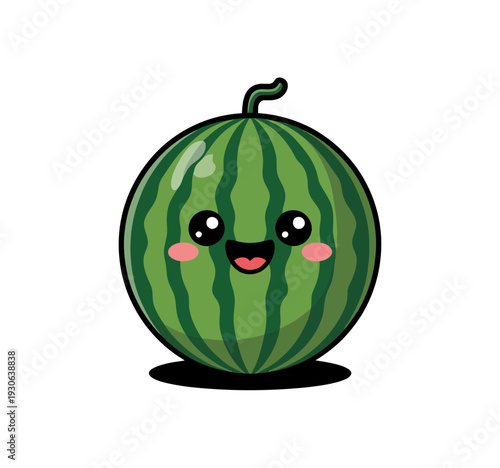 A cute cartoon watermelon with a smiling face and rosy cheeks on a white background