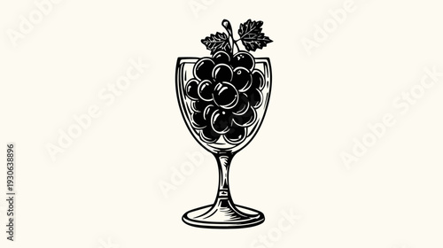 A grayscale drawing features a goblet filled with grapes, and a vine with leaves