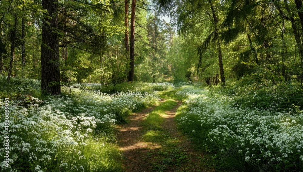 Obraz premium Forest path blooming with wildflowers under dappled sunlight