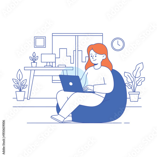 Young woman working on laptop comfortably in beanbag chair.