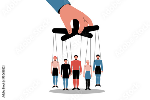 A vector graphic illustration of a hand controlling puppets representing manipulation and control