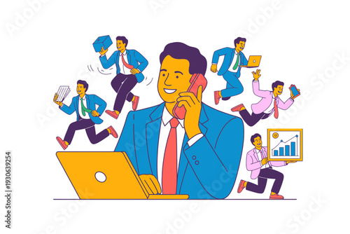 A busy businessman multitasking with a laptop and phone while surrounded by running colleagues in a modern office setting.