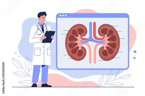 A doctor in a white coat examines a digital illustration of human kidneys on a computer screen in a modern medical setting.