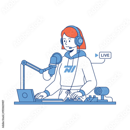 Young woman broadcasting live with microphone and headphones.