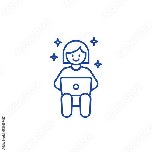 Young woman happily working on a laptop computer with sparkling stars around her head.