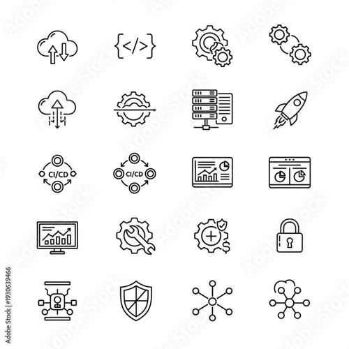 DevOps line icons with editable stroke for software development
