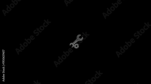 A dark background with a minimalist illustration featuring a wrench and a gear