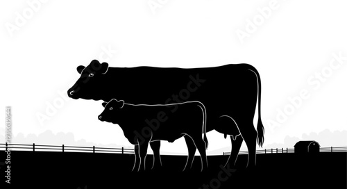 Cow and Calf Silhouette Farm Scene.