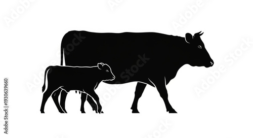 Cow and Calf Silhouette Illustration.