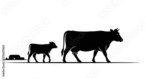Cow and Calf Silhouette Illustration.