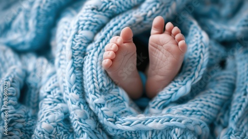 Tiny baby feet peeking out from a soft blue knitted blanket. The scene conveys warmth and comfort, ideal for newborn themes.