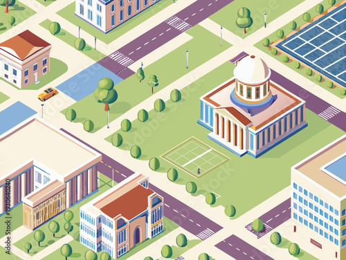 Isometric illustration of a city landscape with government buildings and parks