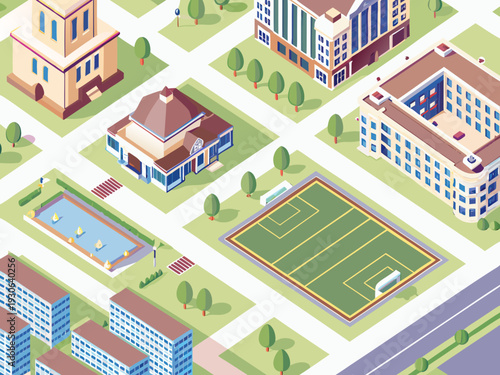 Isometric illustration of a city park with buildings and recreational facilities