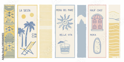 Stylized travel postcards featuring coastal scenes and mediterranean motifs