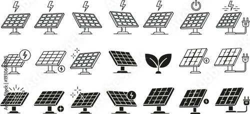 Solar panel vector icon set, renewable energy silhouettes and line art, green technology power symbols, sustainable electricity icons, isolated, eco.