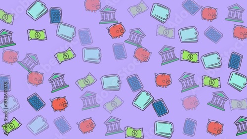 Financial items on vibrant purple background, perfect for financerelated designs, banking promotions, investment concepts, and money management visuals.