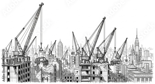 Cranes and Buildings in Industrial Scene.