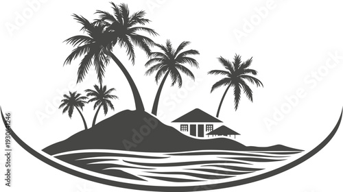 Black and white illustration of a tropical island scene with palm trees, a hut, and ocean waves