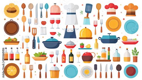 VRestaurant Dining Icon Set Cutlery Chef Hat Food Service Vector Collection