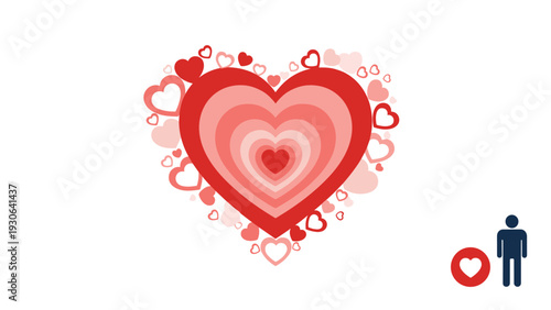 Concentric heart design presents a series of nested red and pink heart shapes with smaller icons and a man silhouette for love themes.