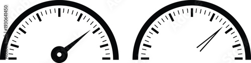 Speedometer and gauge icons set vector illustration, dashboard dial silhouettes for performance measurement, automotive speed and pressure levels indicator design,