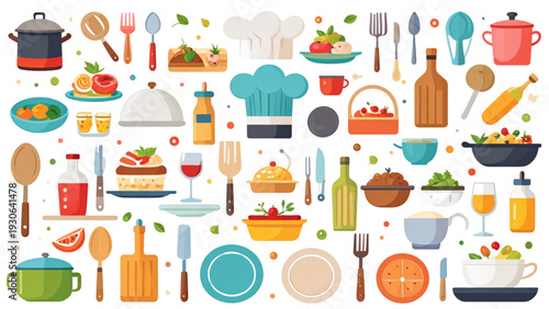 VRestaurant Dining Icon Set Cutlery Chef Hat Food Service Vector Collection