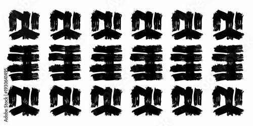 Abstract arrangement of bold black brushstroke patterns in a grid format