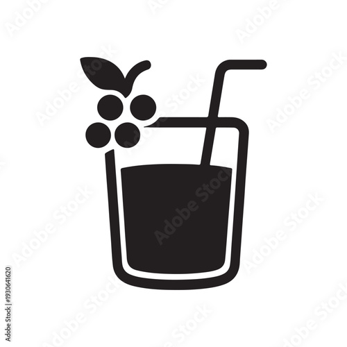 A black silhouette of a glass with a straw and berries on the rim