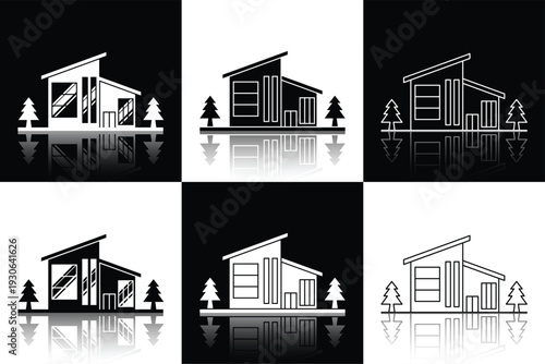 Modern Minimalist Residential Architecture Set. The theme focuses on "Modern Living" and "Sustainable Housing," characterized by clean lines and contemporary structural silhouettes