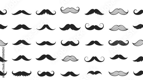 Mustache style collection presents a variety of black facial hair shapes including handlebar and chevron designs for men fashion.