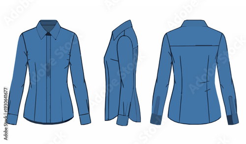 Women’s Blue Long Sleeve Uniform Shirt Flat Technical Drawing CAD Vector Template