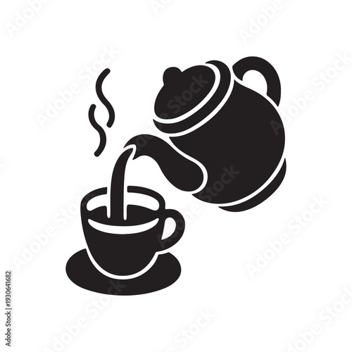 A black silhouette of a teapot pouring tea into a cup on a saucer with steam rising