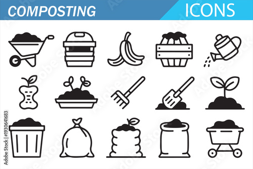 Composting Line Icons Set with Organic Waste, Food Scraps, Garden Tools and Recycling Symbols, Outline Vector Illustration for Eco Friendly Agriculture, Sustainability and Environmental Design