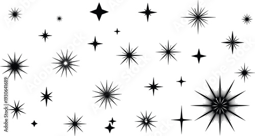 Starburst sparkle silhouettes vector illustration, decorative design, cosmic icons, celestial art, twinkling stars, graphic pattern, ornate shapes, night sky