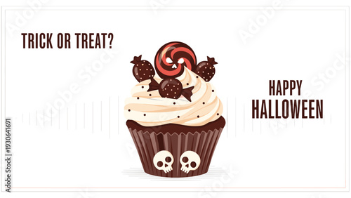 Halloween cupcake illustration features a chocolate treat with vanilla frosting topped with skulls, lollipops, and candies for celebrations.