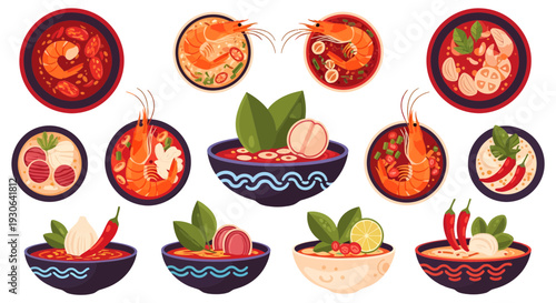 Collection of Tom Yum Goong spicy Thai shrimp soup bowls with chili and lime illustration