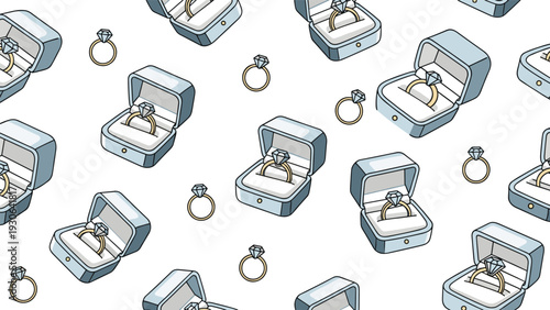 Diamond ring pattern showcases sparkling gemstones set in gold bands with open jewelry boxes scattered across a clean white background.