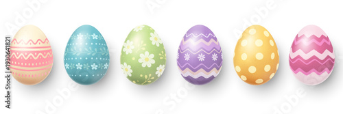 Set of three chicken eggs of different color and ornament