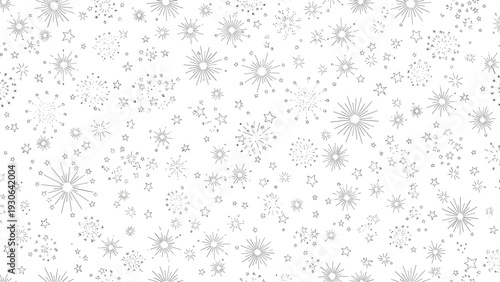 Fireworks and stars pattern features a dense collection of black hand-drawn bursts and twinkling shapes on white for celebrations.