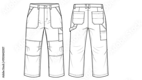 Professional technical sketch of industrial work trousers with utility pockets and reinforced knees in front and back views.